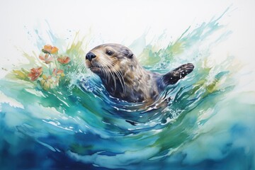 Fototapeta premium A playful otter floating on its back, with a watercolor background featuring shades of blue and green to create the illusion of water