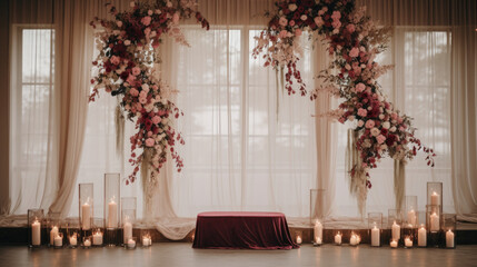 Distant View of Minimalistic Wedding with Tranquil Blush and Burgundy Decorations