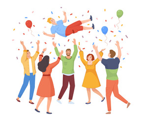 Tossing up in air man. Celebrate birthday party, friends congratulation throw on hands up, happy people team win, confetti prize, flat swanky png illustration