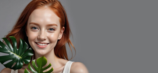 Obraz na płótnie Canvas Portrait of a girl with greenery on a gray background. Generative AI.