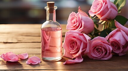 Obraz na płótnie Canvas bottle with rose essense, beauty spa care