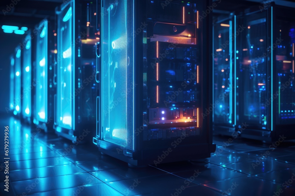 Poster network server room data center with rows of hard drives. 3d rendering, row of network servers with 