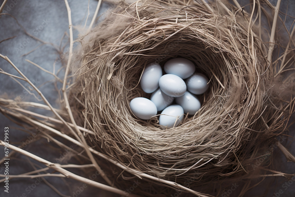 Wall mural Cozy nest with blue eggs, symbolizing new life and growth in the spring, creating a serene and peaceful scene