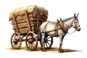 Ancient wagon cart with mule, illustration generated by AI - obrazy, fototapety, plakaty