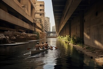 Two men rowing on the river in Dubai, United Arab Emirates, Rowers grow out of concrete in a lost city, AI Generated