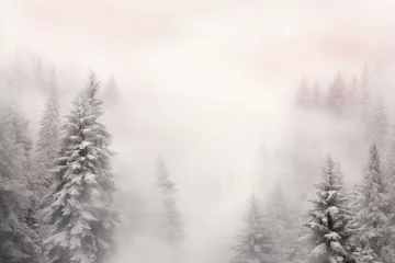 Rolgordijnen Mystical winter landscape with pine trees, fog, and soft snow, presenting a serene and enchanting natural scene © iconogenic