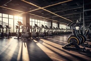 Modern gym interior with rows of treadmills. 3d rendering, rows of stationary bikes and health...