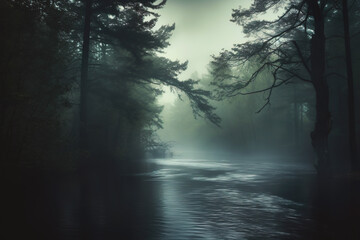 Obraz premium Mysterious and spooky forest scene with fog and reflections, ideal for fantasy or horror-themed designs