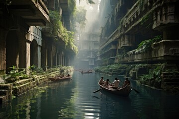 Fishermen rowing boats in the canal of Hoi An, Vietnam, Rowers grow out of concrete in a lost city, AI Generated - obrazy, fototapety, plakaty