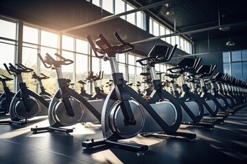 Exercise bikes in a modern fitness center. Toned image, rows of stationary bikes and health...