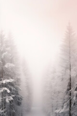 Winter forest scene with frost, fog, and a pine tree, capturing the beauty and tranquility of the season