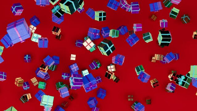 Multi-colored gift boxes are thrown up from the bottom and then fall down. Red background, rich colors, 3D video rendering, graphics.