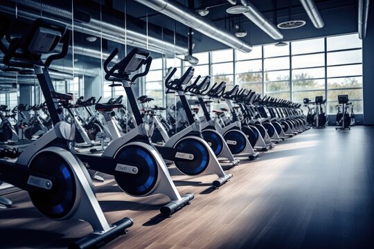 Modern fitness hall with row of exercise bikes. Toned image, rows of stationary bikes and health exercise equipment for bodybuilding in gym's modern fitness center room, AI Generated