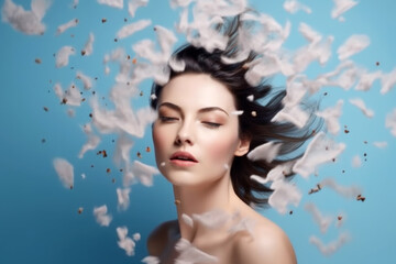 Beauty fashion model, portrait of a beautiful young woman with makeup, flowing hair, closed eyes on a blue background with confetti, face care and cosmetology concept