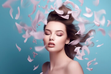 Beauty fashion model, portrait of a beautiful young woman with makeup, flowing hair, closed eyes on a blue background with confetti, face care and cosmetology concept
