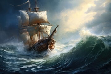 Sailing ship in stormy sea. 3d render illustration, sail boat on rough water, AI Generated