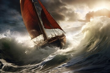 Sailing boat in stormy sea. 3D Rendering, sail boat on rough water, AI Generated - obrazy, fototapety, plakaty