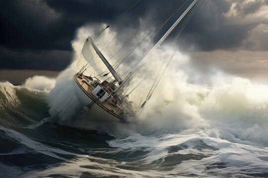Sailing boat in stormy sea. 3D render illustration, sail boat on rough water, AI Generated
