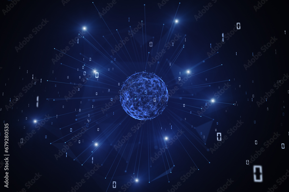 Wall mural digital computer technology sphere with binary numbers illustration background.