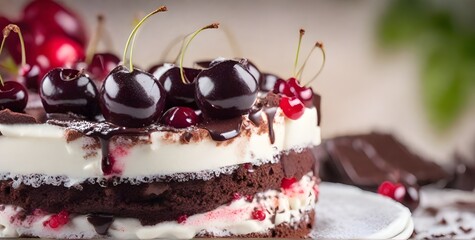 Schwarzwälder Kirschtorte: A delicious cake Black Forest Gateaux, layered chocolate sponge includes cherries, jam filling, and cream on the table, bokeh background copy space - obrazy, fototapety, plakaty