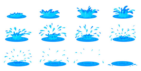 Water ripple animation. Cartoon splash fx effect 2d game, sprite sheet frames liquid drop, storyboard motion effect rain drops, flash sea set, neat png illustration