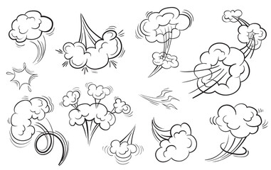 Fototapeta premium Speed cloud motion effect. Cartoon comic line clouds, moving smoke puff, funny fart, air jump blow wind dust, boom bubble explosion, spiral fog energy, windy shape neat png