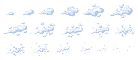 Exhaust animation. Animate smoke cloud, cartoon dust 2d animated effect for game, frame sprite sheet motion steam, emission gas storyboard fast movement smog neat png illustration - obrazy, fototapety, plakaty