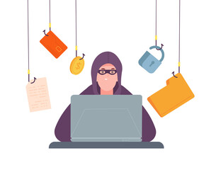 Cyber scammer. Hacker with laptop hacking computer security, online phishing personal data, internet crime fraud scam, virtual money thief