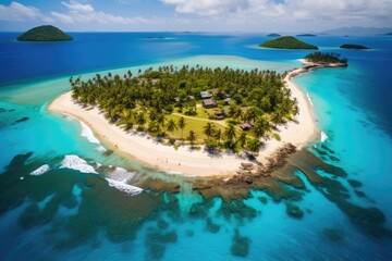 Aerial view of beautiful tropical island with white sand, turquoise ocean and palm trees, San...