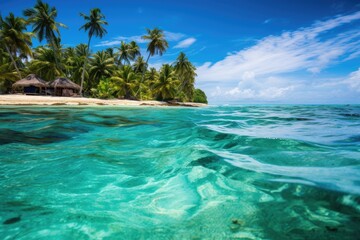 Tropical beach with coconut palm trees at Seychelles, San Andres & Providencia Islands Caribbean...