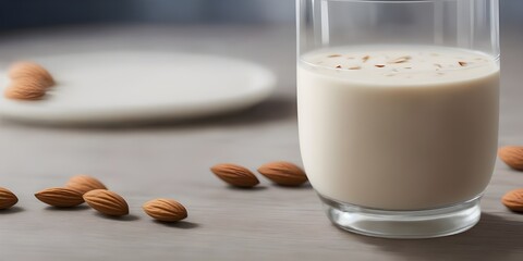 Almond milk in the glass on the table, bokeh lights background, copy space - obrazy, fototapety, plakaty