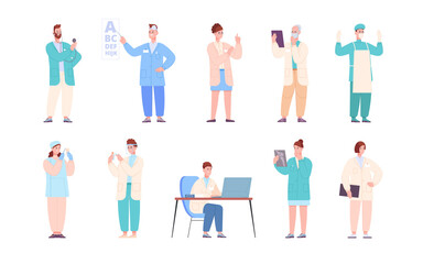 Fototapeta premium Healthcare staff characters. Medical hospital employees, doctors nurses in white uniform, health care job, pharmacist dentist surgeon, eye diagnostics, splendid png illustration