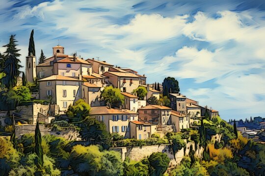 Pienza, Tuscany, Italy. Digital painting of the old town, Saint Paul de Vence, AI Generated