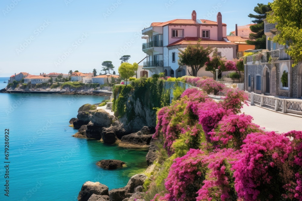 Sticker bougainvillea on the coast of budva, montenegro, scenic view in cascais, lisbon district, portugal, 