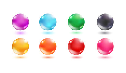 Colorful glass orbs. 3d sphere realistic transparent crystal ball, circle glossy bubble, translucent oil collagen water drop, bead color orange pink red blue