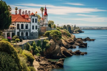 Landscape with the image of a castle on the coast of the sea, Scenic view in Cascais, Lisbon district, Portugal, AI Generated - obrazy, fototapety, plakaty