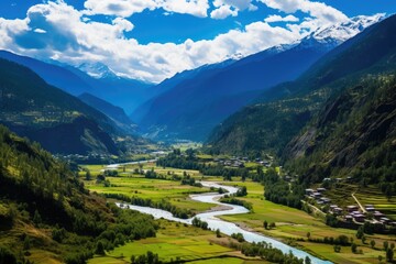 Beautiful view of the valley and the river in the Himalayas, Scenic View of the Paro Valley, AI Generated - obrazy, fototapety, plakaty