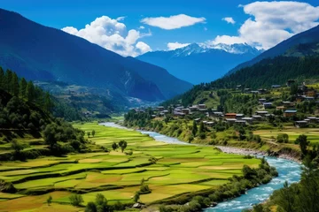 Crédence de cuisine en verre imprimé Lhotse Rice fields in the Himalayas, Annapurna Circuit Trek, Nepal, Scenic View of the Paro Valley, AI Generated