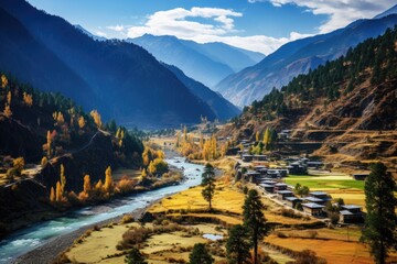 Landscape view of Himalayas mountains and river, Nepal, Scenic View of the Paro Valley, AI Generated
