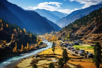 Cercles muraux Lhotse Landscape view of Himalayas mountains and river, Nepal, Scenic View of the Paro Valley, AI Generated