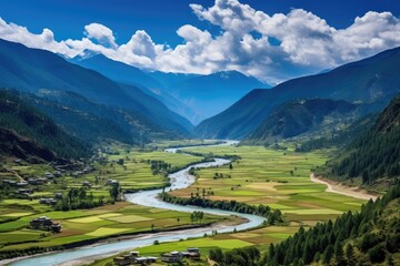 Fototapeta na wymiar Landscape view of the valley in Himalayas, Nepal, Scenic View of the Paro Valley, AI Generated