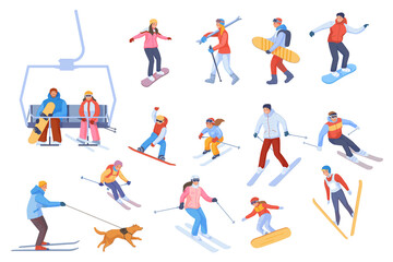 Fototapeta na wymiar People riding skis and snowboards. Cartoon skiers family snowboarders, winter sport mountain resort downhill freeride on chairlift snow slope, travel activity swanky png