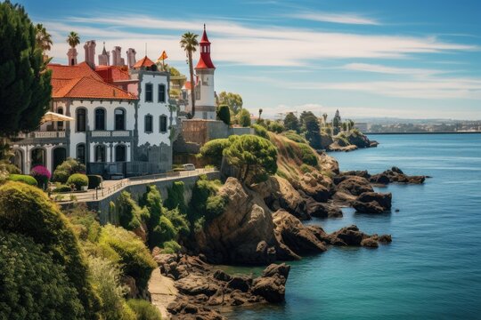 Landscape with the image of a castle on the coast of the sea, Scenic view in Cascais, Lisbon district, Portugal, AI Generated
