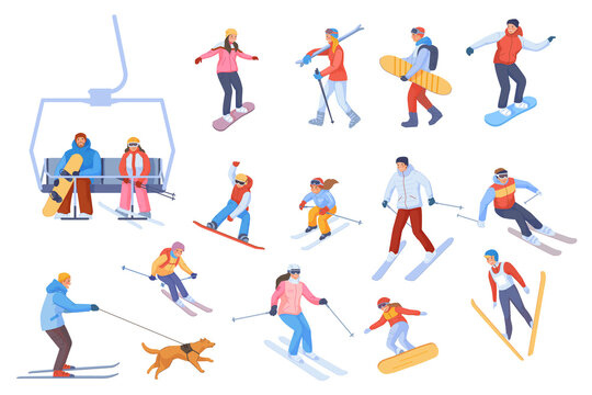 People riding skis and snowboards. Cartoon skiers family snowboarders, winter sport mountain resort downhill freeride on chairlift snow slope, travel activity swanky png