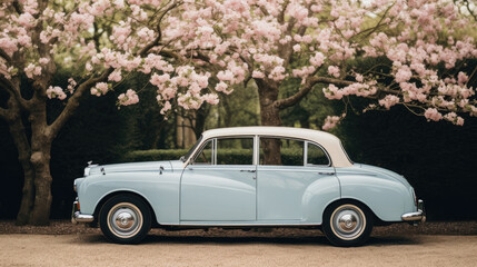 Minimalistic Wedding Photo of Tranquil Blush and Light Blue Garden Wedding Car