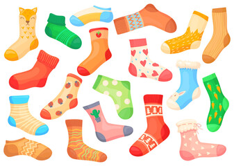 Cartoon woolen socks. Pair stripe children sockes, winter warm striped kid sock, wool hosiery, child cute wardrobe, holiday clothes for foot, isolated neat png illustration