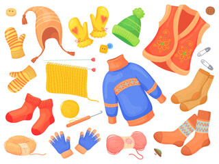 Cartoon wool knitwear. Knit winter clothes, woolen socks jacket scarf sweater jumper, knitted garments, clothe garment from wools cloth, warm outerwear, neat png illustration