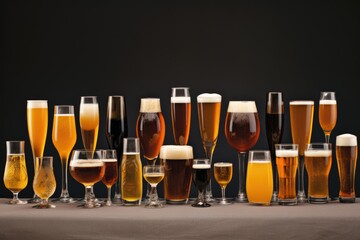 different types of beer in glasses on a black background with copy space, series of beer glasses in various shapes and sizes, filled with different beer styles, AI Generated