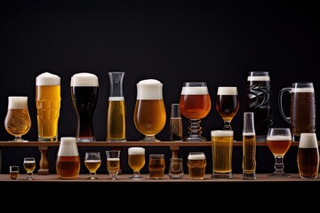 different types of beer in glasses on a wooden shelf on a black background, series of beer glasses in various shapes and sizes, filled with different beer styles, AI Generated
