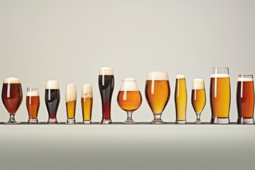 Many different types of beer in glass on grey background with copy space, series of beer glasses in various shapes and sizes, filled with different beer styles, AI Generated - Powered by Adobe